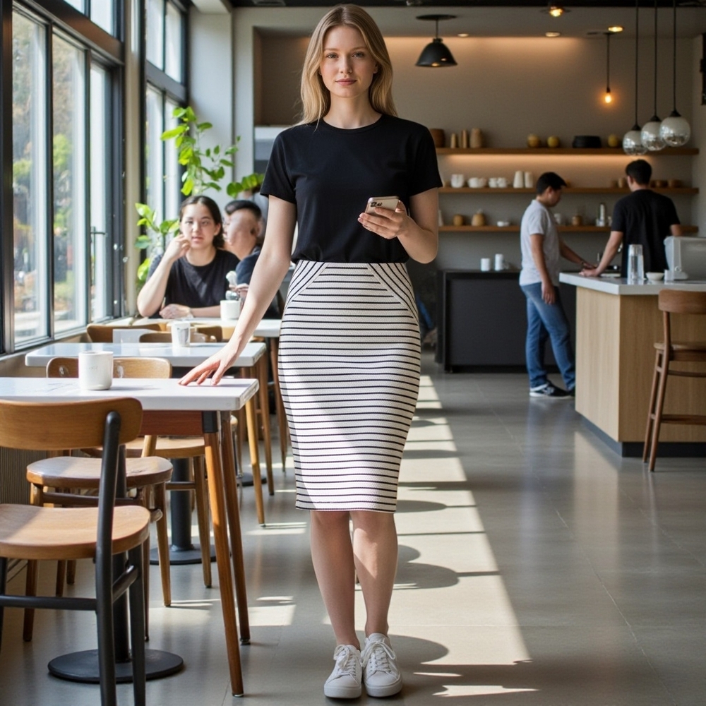 GILLI Midi Skirt Pencil Cut Pull-On Striped Career Bodycon